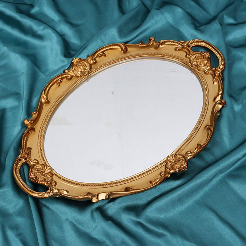 Schonee Oval Vintage Decorative Mirror Tray, Jewelry Dresser Organizer, Cosmetics Makeup Storage, Serving Tray (9.8x14.6 Inches, Golden) - Image 1