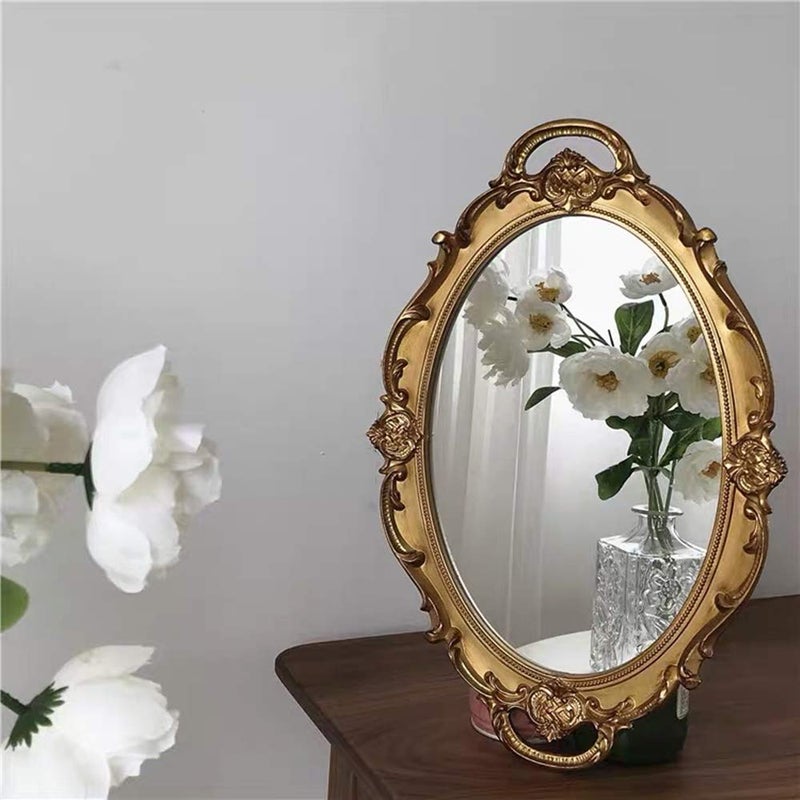 Schonee Oval Vintage Decorative Mirror Tray, Jewelry Dresser Organizer, Cosmetics Makeup Storage, Serving Tray (9.8x14.6 Inches, Golden) - Image 2
