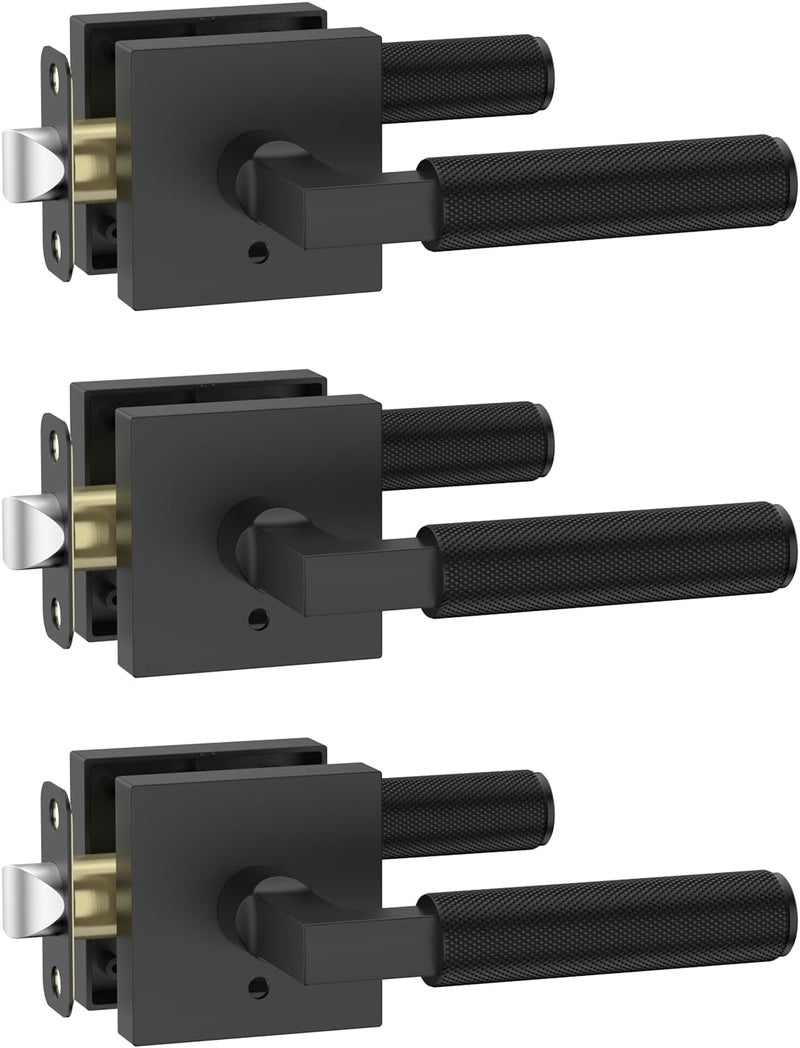 Amerdeco 3 Pack Privacy Door Handles, Matte Black Interior, Knurled Lever, Heavy Duty for Bedroom and Bathroom, Reversible Keyless for Right & Left Side AM0021 - Image 1