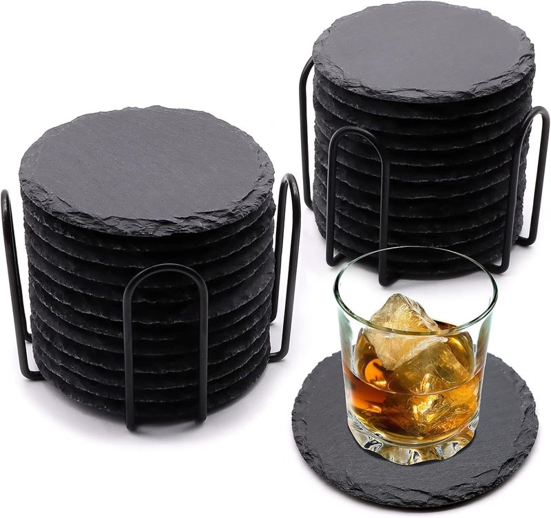 SIJDIEE 24 PCS Round Slate Drink Coasters Set, 4 Inch Laser Engraving Black Slate Stone Coasters with Anti-Scratch Bottom and Coaster Holder for Office Bar Kitchen Home Dinner Table Decor Supplies - Image 1