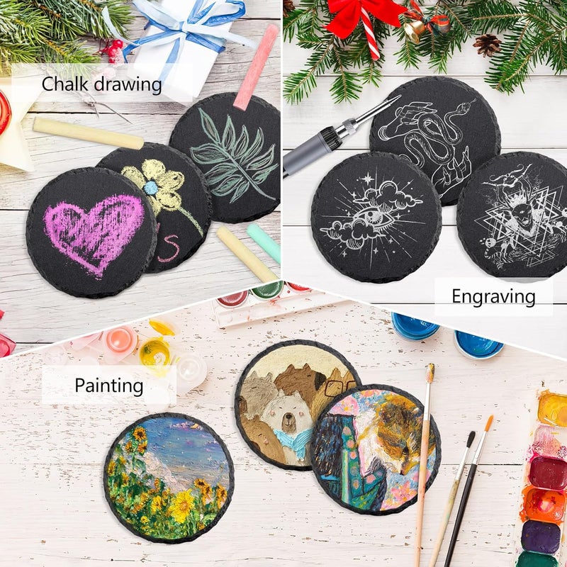 SIJDIEE 24 PCS Round Slate Drink Coasters Set, 4 Inch Laser Engraving Black Slate Stone Coasters with Anti-Scratch Bottom and Coaster Holder for Office Bar Kitchen Home Dinner Table Decor Supplies - Image 4