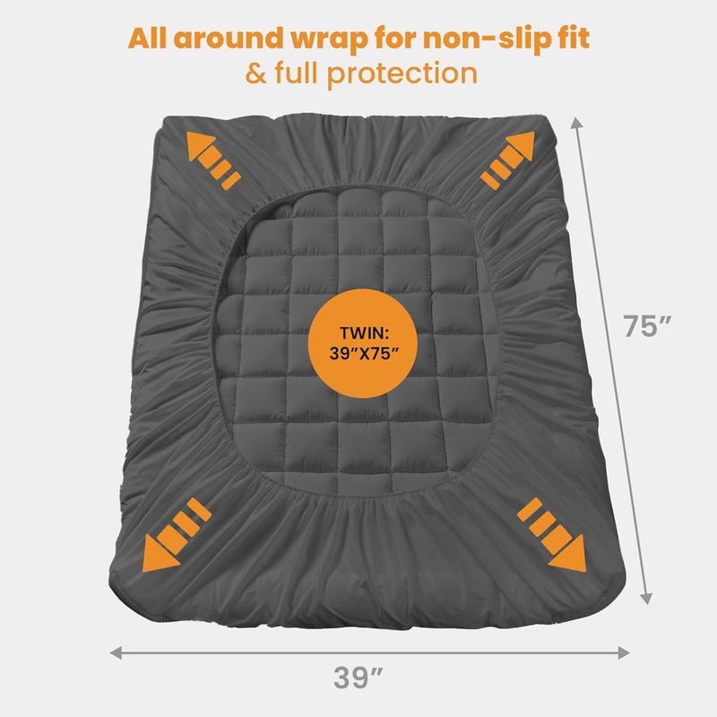 MATBEBY Bedding Quilted Fitted Twin Mattress Pad Cooling Breathable Fluffy Soft Mattress Pad Stretches up to 21 Inch Deep, Twin Size, Dark Grey, Mattress Topper Mattress Protector - Image 5