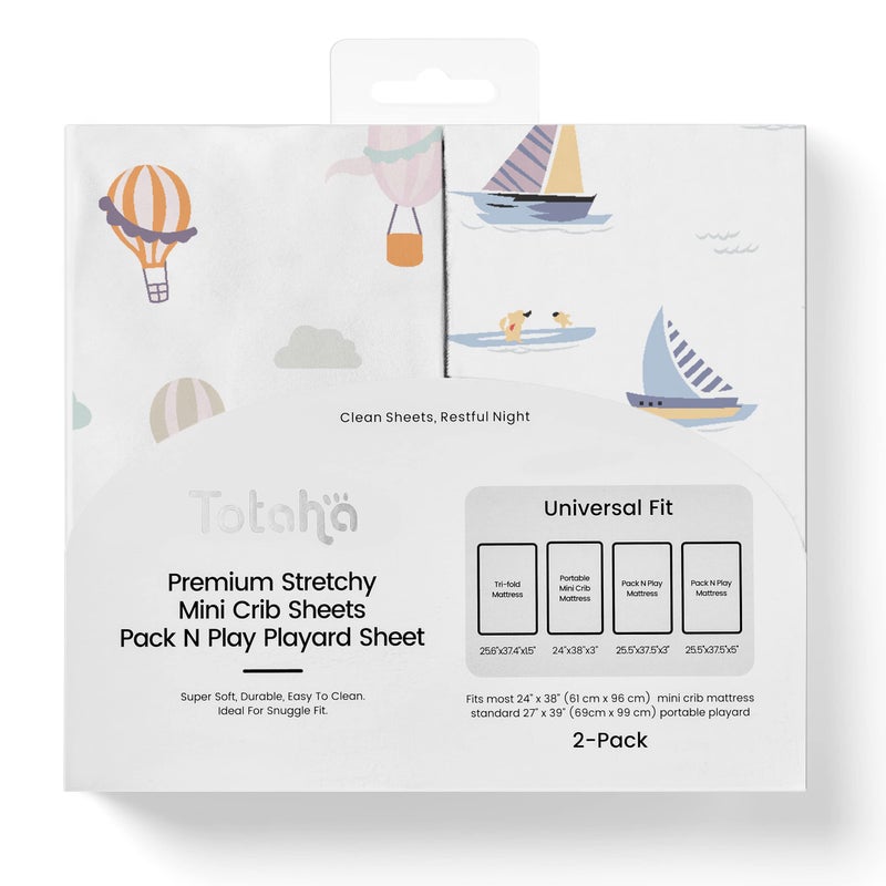 TotAha Premium Stretchy Pack N Play Playard Sheets | Mini Crib Sheets (2-Pack)-Hypoallergenic, Silky Comfort, Buttery Soft, Calming Effect, All-Season Jersey-Knit Sheets 38 X 24 (Balloon & Sailboat) - Image 5