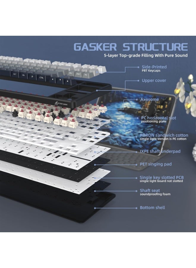 هجوم القرش لوحة مفاتيح ميكانيكية لاسلكية ATTACK SHARK X87، وضع ثلاثي - BT/2.4G/سلكي، مفتاح خطي قابل للتبديل السريع، غطاء مفتاح PBT مطبوع جانبيًا، هيكل حشوة، لوحة مفاتيح ألعاب بإضاءة خلفية RGB (أبيض وأسود) - Image 3