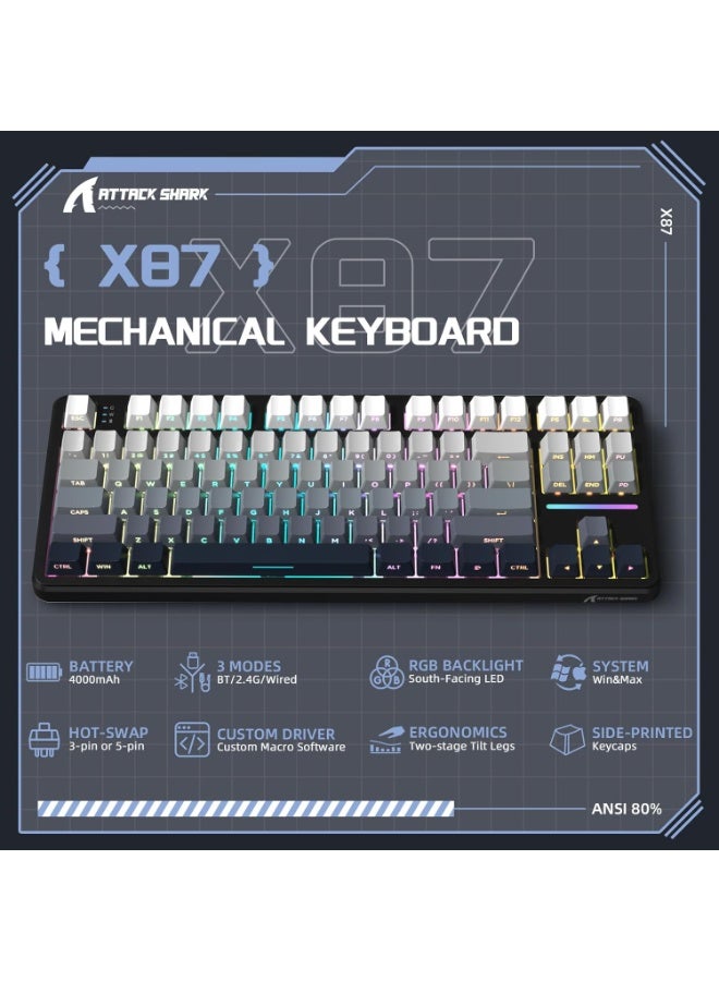 هجوم القرش لوحة مفاتيح ميكانيكية لاسلكية ATTACK SHARK X87، وضع ثلاثي - BT/2.4G/سلكي، مفتاح خطي قابل للتبديل السريع، غطاء مفتاح PBT مطبوع جانبيًا، هيكل حشوة، لوحة مفاتيح ألعاب بإضاءة خلفية RGB (أبيض وأسود) - Image 2