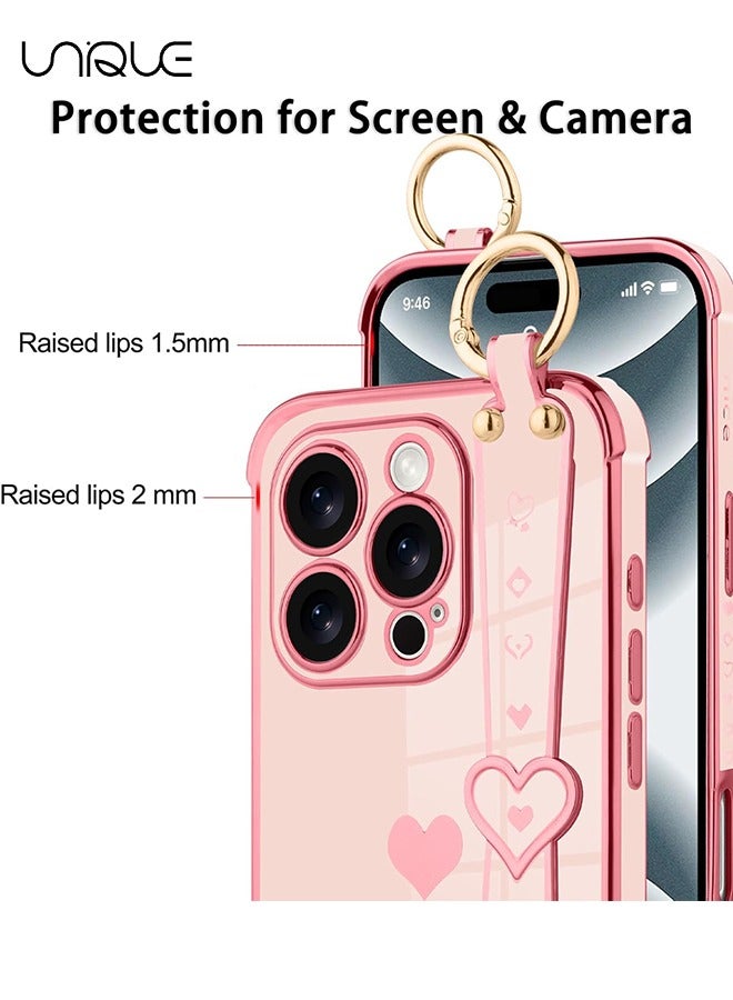 Unique Compatible with iPhone 16 Pro Case, Adjustable Wrist Strap Kickstand, Cute Heart Luxury Gold Plating Bumper, Women Girl Men Protective Case Cover, Pink - Image 2