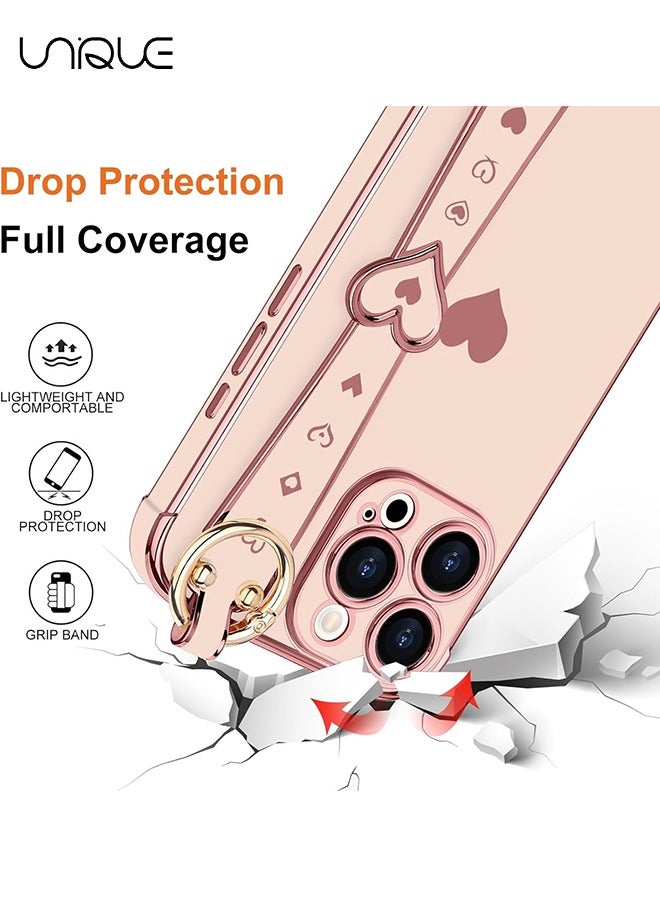 Unique Compatible with iPhone 16 Pro Case, Adjustable Wrist Strap Kickstand, Cute Heart Luxury Gold Plating Bumper, Women Girl Men Protective Case Cover, Pink - Image 3