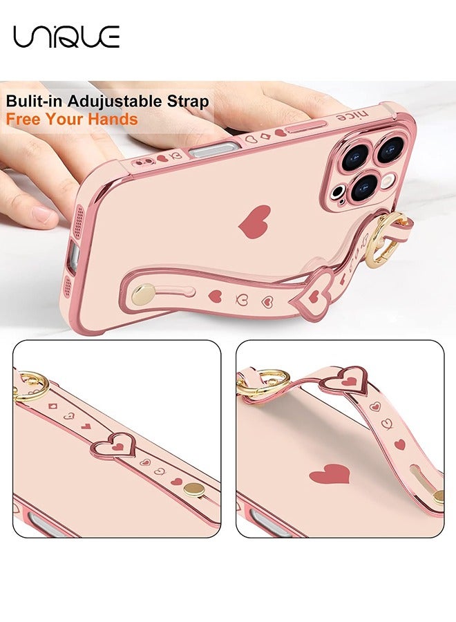 Unique Compatible with iPhone 16 Pro Case, Adjustable Wrist Strap Kickstand, Cute Heart Luxury Gold Plating Bumper, Women Girl Men Protective Case Cover, Pink - Image 4