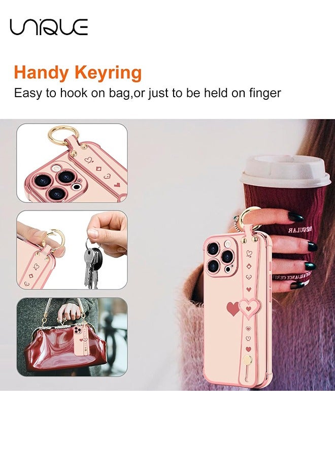Unique Compatible with iPhone 16 Pro Case, Adjustable Wrist Strap Kickstand, Cute Heart Luxury Gold Plating Bumper, Women Girl Men Protective Case Cover, Pink - Image 5