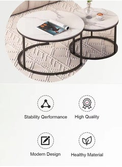 keke Set Of 2 Modern Round Coffee Table With Top Marble Stone and Metal Frame  - Image 3