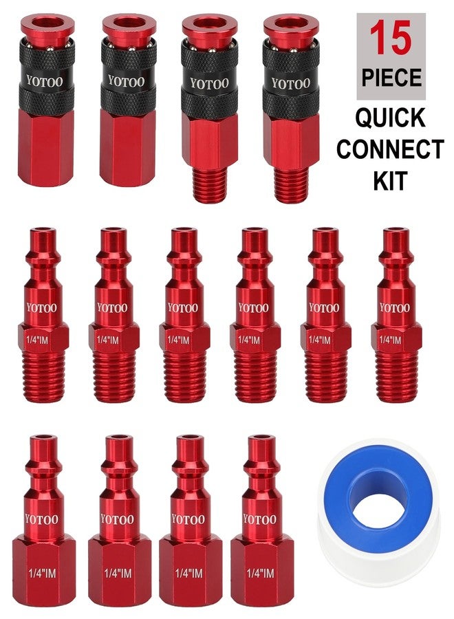 YOTOO 15 Pieces Universal Air Coupler and Plug Kit, Quick Connect Air Hose Fittings, Heavy Duty Aluminum Air Fittings, Lightweight, Push to Connect air tools and air compressor, Red - Image 2