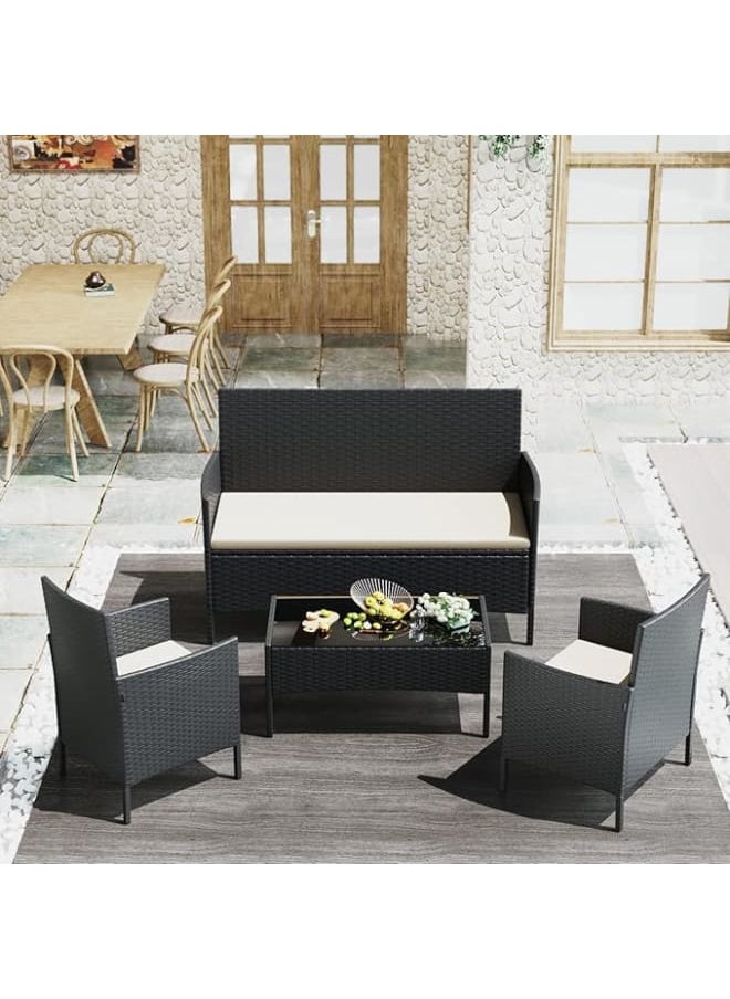 Sweet Furniture 4-Piece Outdoor Wicker Patio Furniture Set – Black & Beige Rattan Chairs with Soft Cushions and Glass Table for Garden, Balcony, Porch, or Poolside  - Image 1