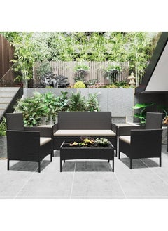 Sweet Furniture 4-Piece Outdoor Wicker Patio Furniture Set – Black & Beige Rattan Chairs with Soft Cushions and Glass Table for Garden, Balcony, Porch, or Poolside  - Image 2