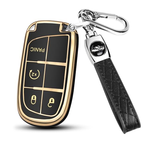 FT FUNTOR for Jeep Key Fob CoverCompatible with Jeep Grand Cherokee Compass Renegade Dodge Charger Dart Durango Journey RAM Chrysler4 Buttons TPU Full Protection Case with Golden Edge A4Black - Image 1