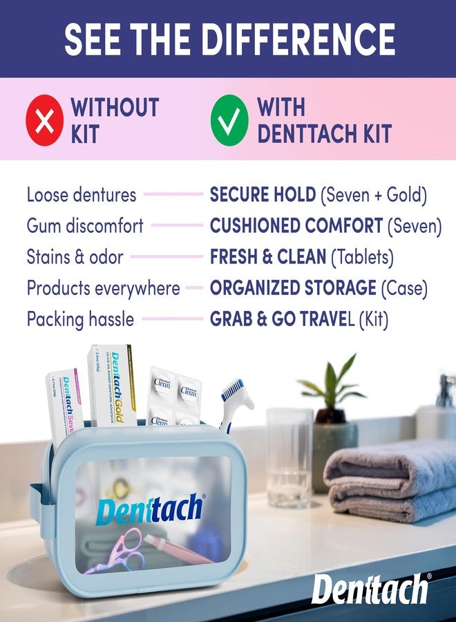 DENTTACH Denture Starter Kit, 9 Piece Kit Includes Denttach Seven Thermoplastic Denture Adhesive, Gold Denture Adhesive, Clean Tablets, Case, Brush, Scissors, Tweezers, Microfiber Towel & Travel Case - Image 2