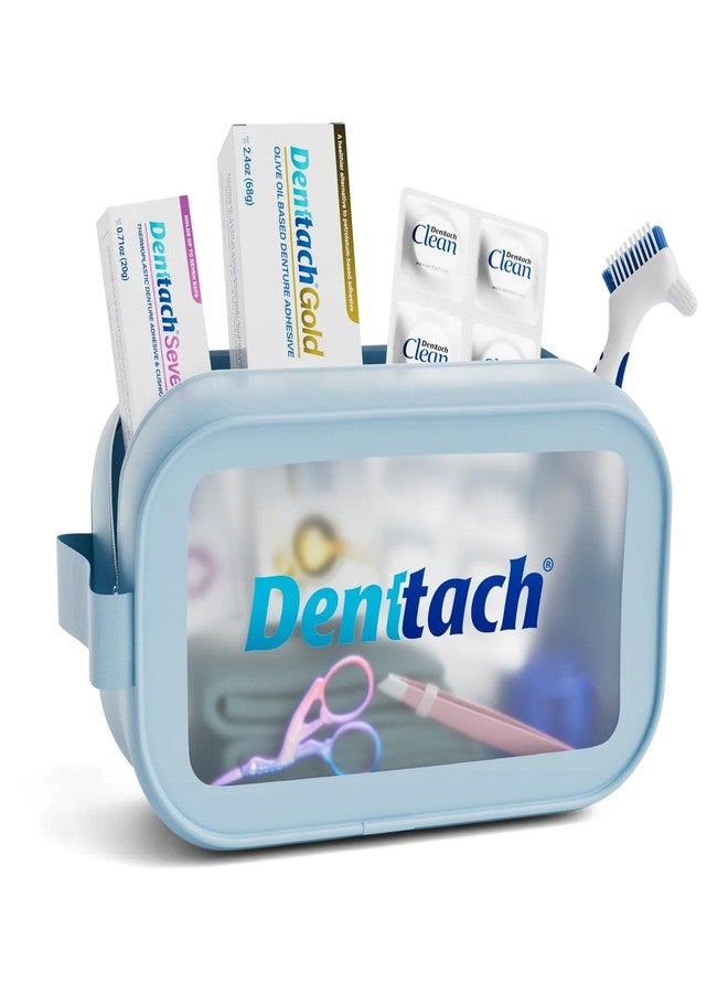 DENTTACH Denture Starter Kit, 9 Piece Kit Includes Denttach Seven Thermoplastic Denture Adhesive, Gold Denture Adhesive, Clean Tablets, Case, Brush, Scissors, Tweezers, Microfiber Towel & Travel Case - Image 1