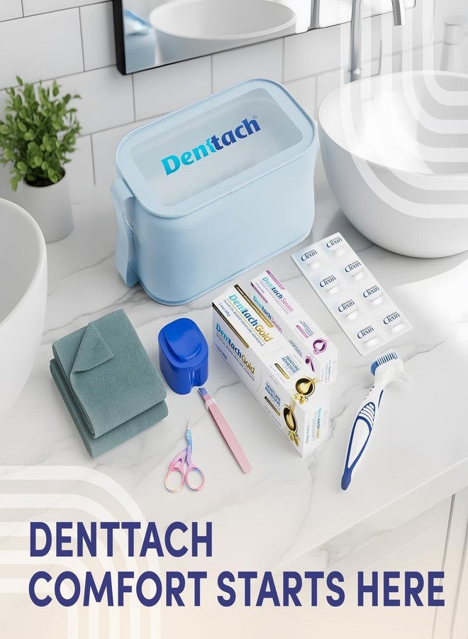 DENTTACH Denture Starter Kit, 9 Piece Kit Includes Denttach Seven Thermoplastic Denture Adhesive, Gold Denture Adhesive, Clean Tablets, Case, Brush, Scissors, Tweezers, Microfiber Towel & Travel Case - Image 3