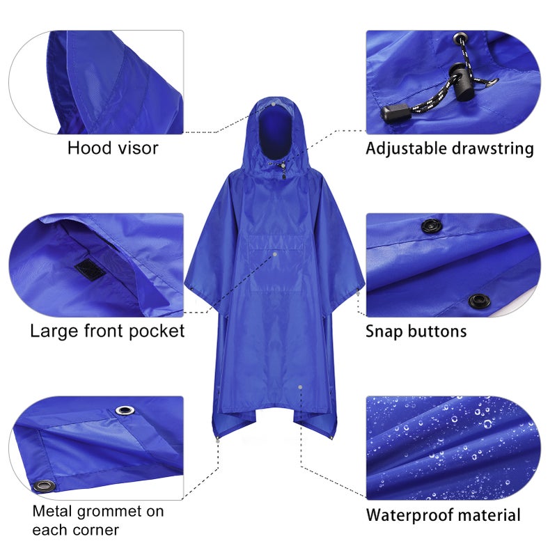 Hooded Rain Poncho with Pocket Lightweight Waterproof Rain Coat Jacket Sun Shelter for Men and Women Camping Hiking Traveling - Image 2