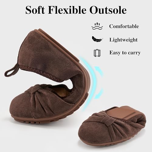 Ecetana Womens Flats Shoes Dressy: Round Toe Bowknot Suede Foldable Comfortable Casual Slip On Ballet Loafers Coffee - Image 4