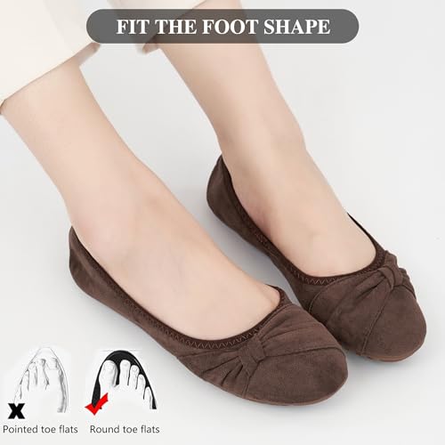 Ecetana Womens Flats Shoes Dressy: Round Toe Bowknot Suede Foldable Comfortable Casual Slip On Ballet Loafers Coffee - Image 5