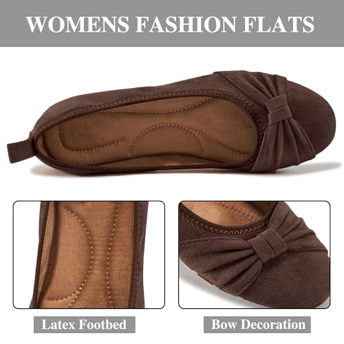 Ecetana Womens Flats Shoes Dressy: Round Toe Bowknot Suede Foldable Comfortable Casual Slip On Ballet Loafers Coffee - Image 3