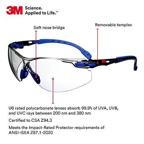 3M Safety Glasses, Solus 1000 Series, ANSI Z87, Scotchgard Anti-Fog, Indoor/Outdoor Grey Lens, Blue/Black Frame - Image 2