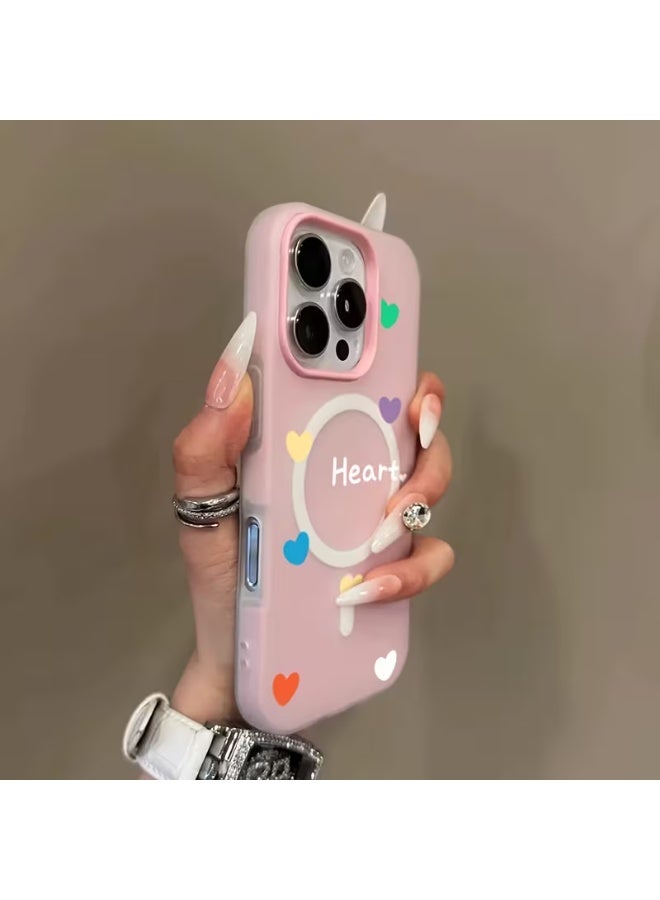 Temu A "HEART Love" design phone case with a colorful little heart pattern, featuring magnetic wireless charging, perfect for Halloween, New Year's, Christmas, and Easter gifts. Ideal for family and friends. Compatible with iPhone 15 Pro.