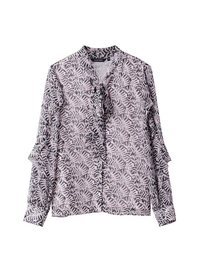 Yanyee Vintage Elegant Floral Shirt Women Early Autumn Tie-up Long Sleeve French Style Top Purple Flower Xxl/44 - Image 3