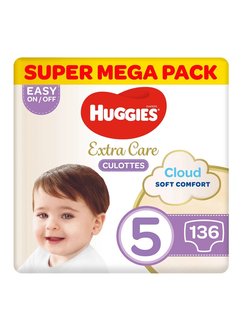 HUGGIES حفاضات هجيز إكسترا كير بنمط السراويل، 136 قطعة، عبوة سوبر ميغا، الحجم 5، 12-17 كجم - حماية مزدوجة من التسرب، مؤشر الرطوبة، حزام خصر ناعم - Image 2