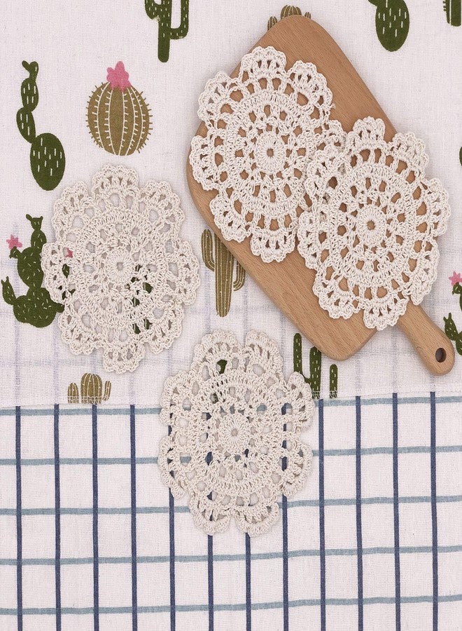 Phantomon 5 Inch Doilies Small Handmade Crochet Coasters Round Cotton Lace Table Placemats for Cup/Glass Pack of 4, Beige - Image 3