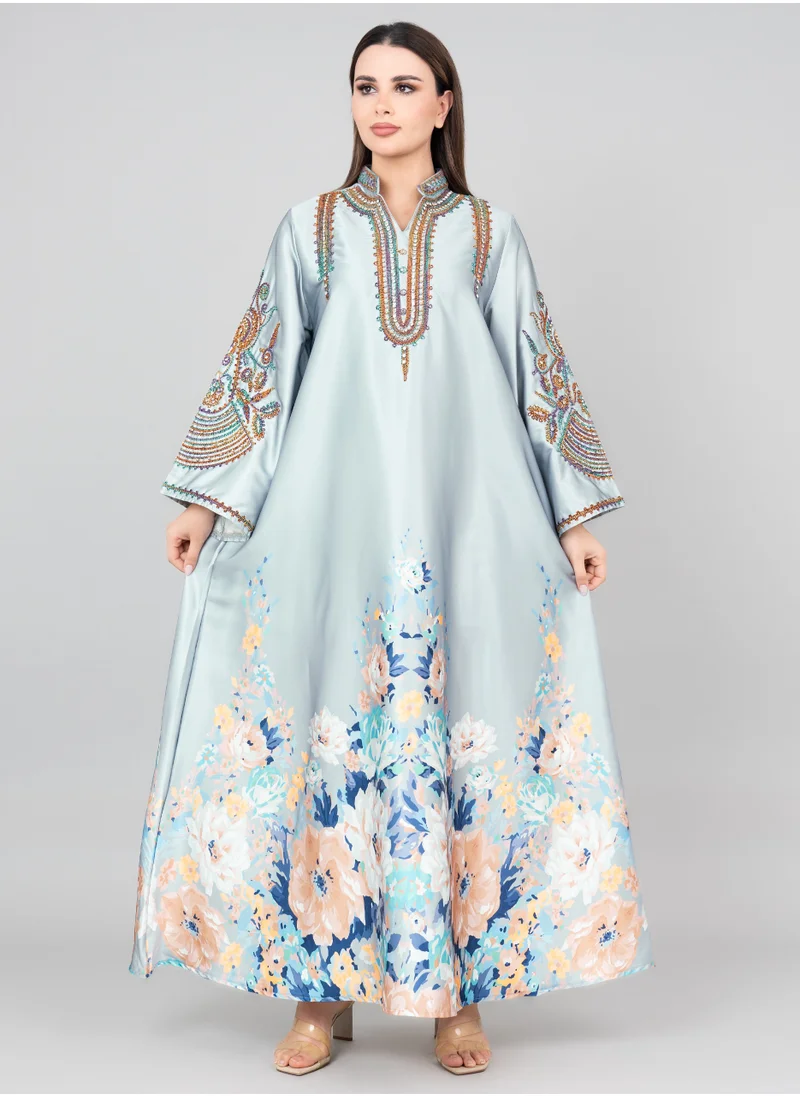 IKKXA Floral Printed Crystal Embroidery Jalabiya IK1012 Grey