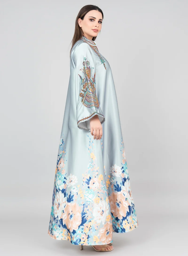 IKKXA Floral Printed Crystal Embroidery Jalabiya IK1012 Grey