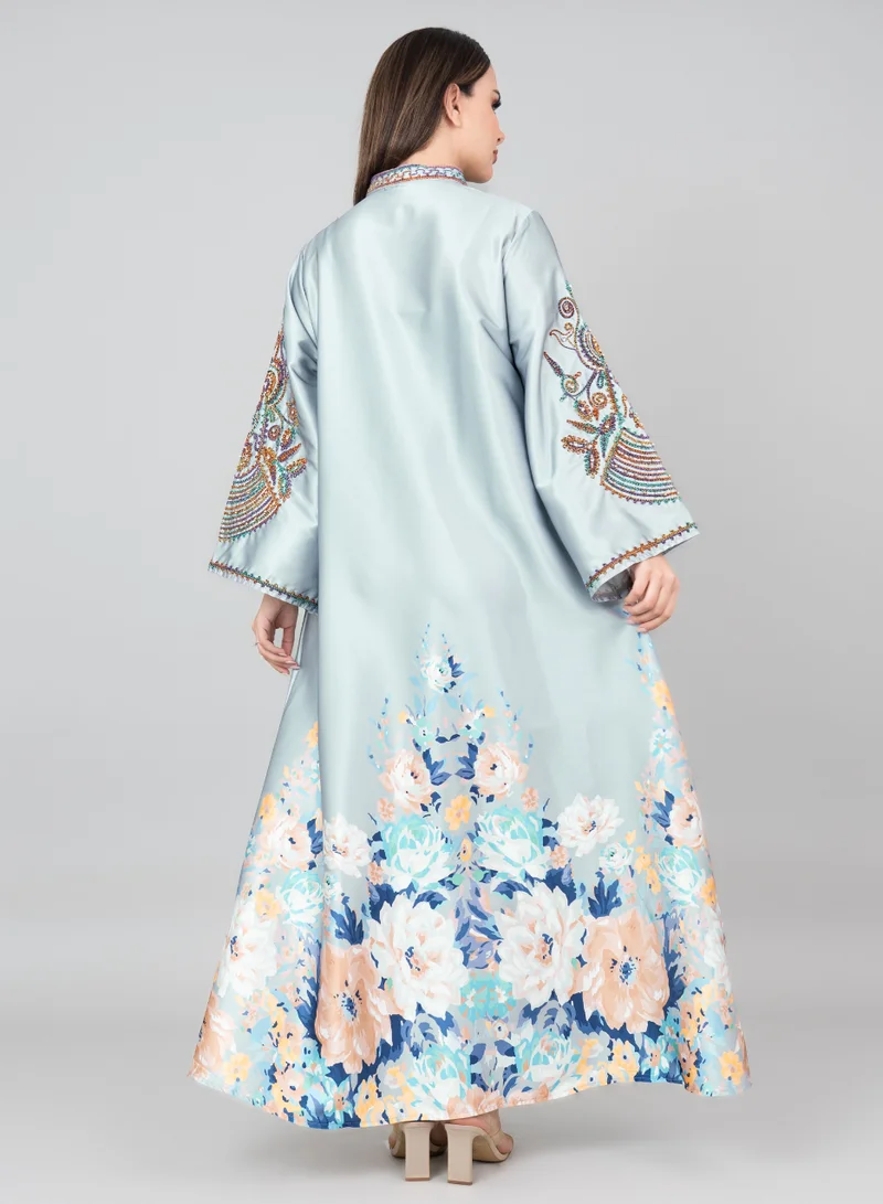 IKKXA Floral Printed Crystal Embroidery Jalabiya IK1012 Grey
