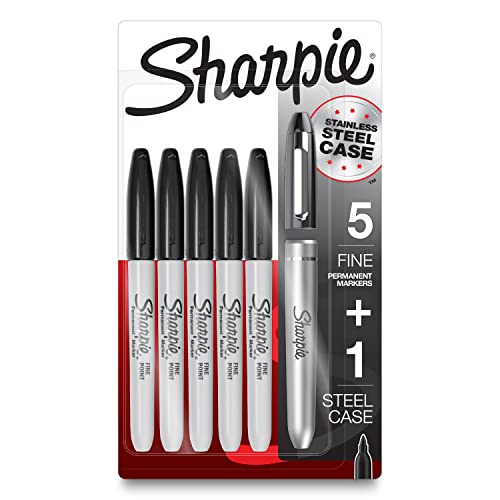 Sharpie علامات شاربى دائمة مع علبة علامات من الفولاذ المقاوم للصدأ نقطة دقيقة سوداء 6 عد - Image 1