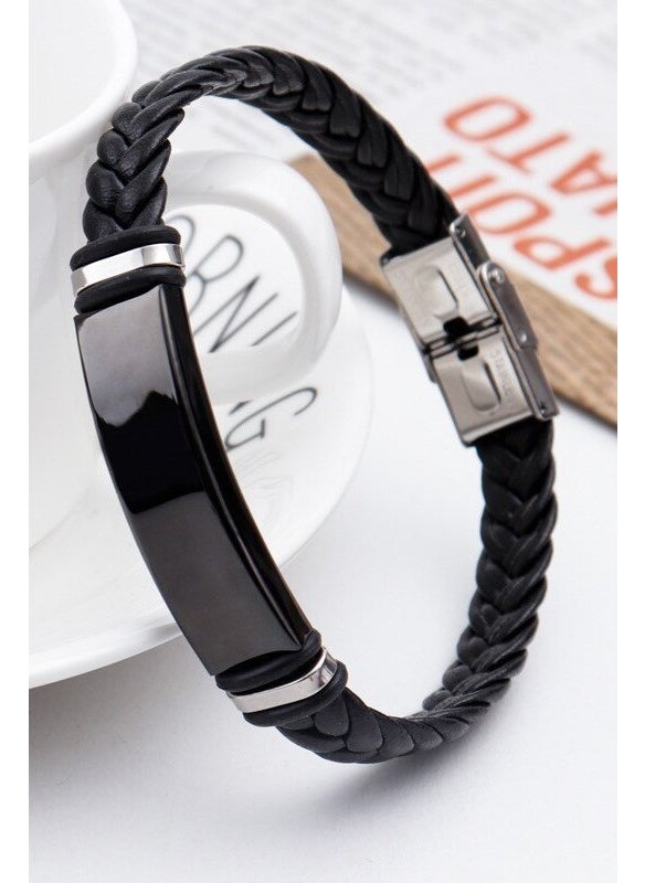 Takı Dükkanı - Jewelry Store Personalized Name Leather Black Steel Men's Bracelet scb14 - Image 1