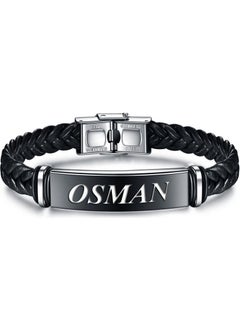 Jewelry Store Personalized Name Leather Black Steel Men's Bracelet scb14