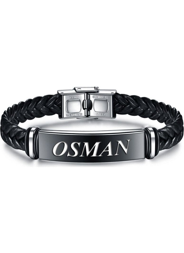 Takı Dükkanı - Jewelry Store Personalized Name Leather Black Steel Men's Bracelet scb14 - Image 1