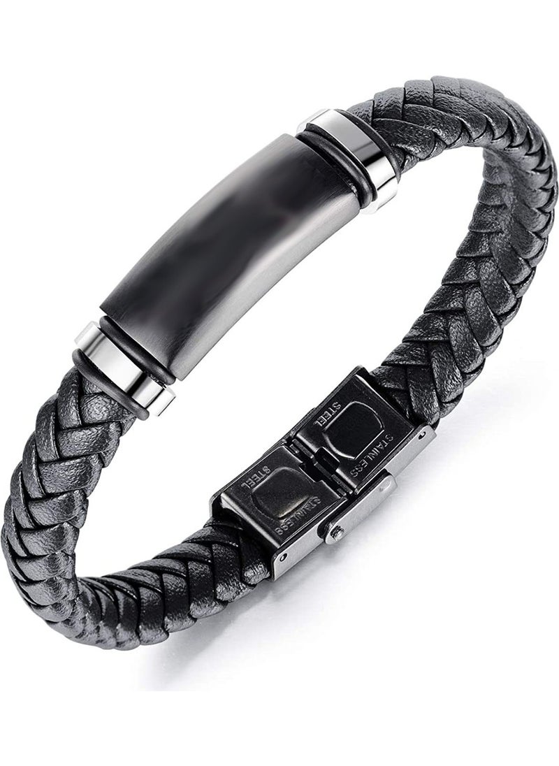 Takı Dükkanı - Jewelry Store Personalized Name Leather Black Steel Men's Bracelet scb14 - Image 1