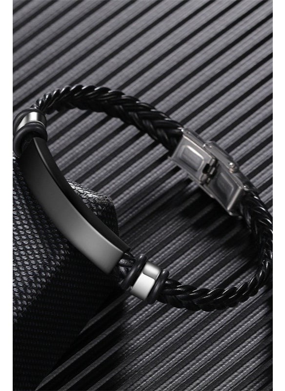 Takı Dükkanı - Jewelry Store Personalized Name Leather Black Steel Men's Bracelet scb14 - Image 1