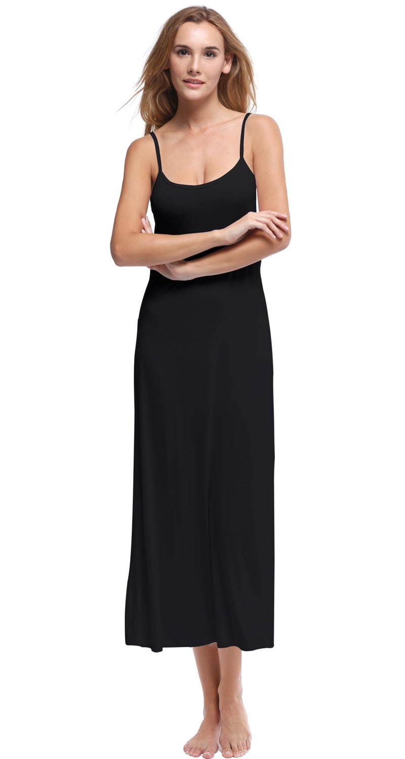 Papicutew Women's Modal Long Full Cami Slip Dress Sleeveless Nightgowns (Black, L) - Image 1