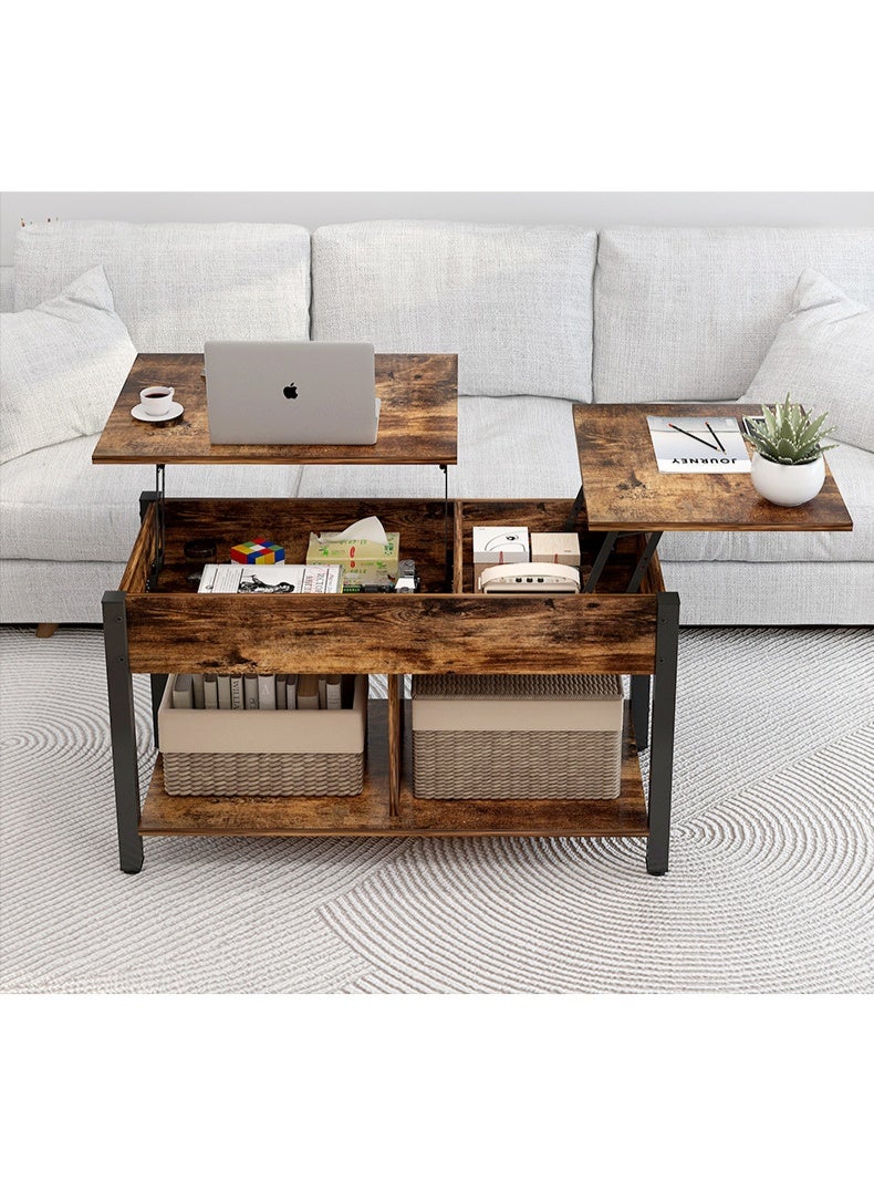 Lift Top Coffee Table with Storage and Rattan Baskets, Elevating Center Table for Living Room, Hidden Compartment, Shelf, Tabletop, Rustic (Brown, SJZ120) - Image 1