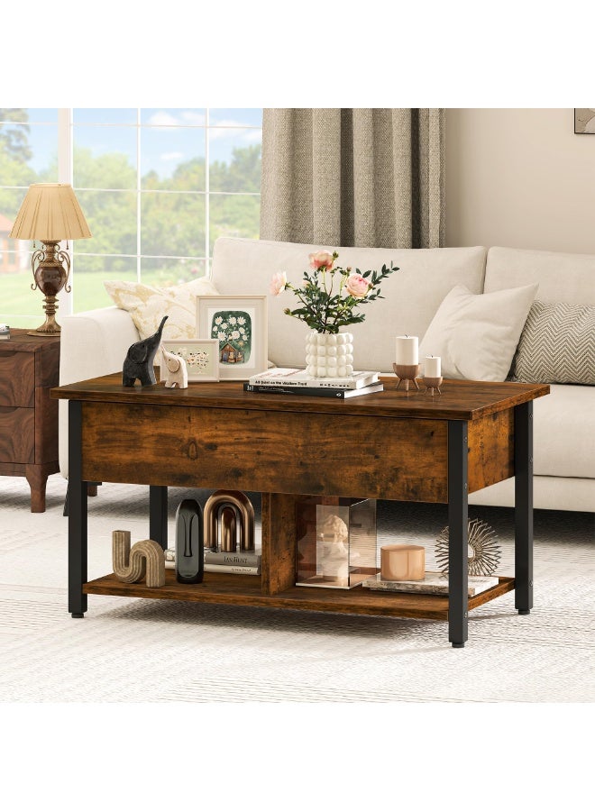Lift Top Coffee Table with Storage and Rattan Baskets, Elevating Center Table for Living Room, Hidden Compartment, Shelf, Tabletop, Rustic (Brown, SJZ120) - Image 2