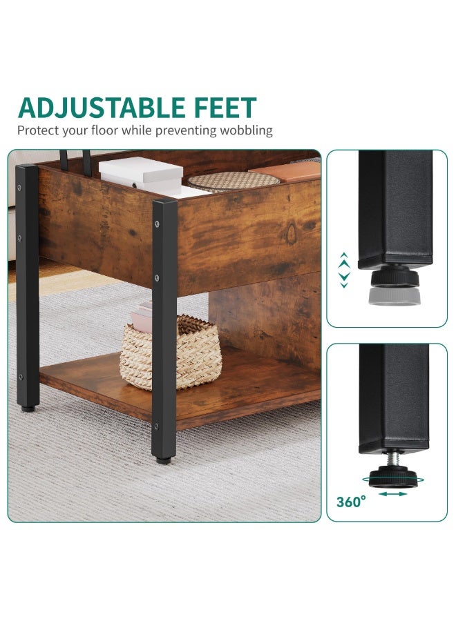 Lift Top Coffee Table with Storage and Rattan Baskets, Elevating Center Table for Living Room, Hidden Compartment, Shelf, Tabletop, Rustic (Brown, SJZ120) - Image 4