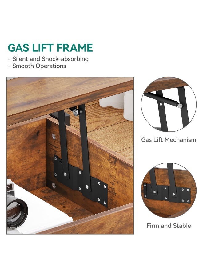 Lift Top Coffee Table with Storage and Rattan Baskets, Elevating Center Table for Living Room, Hidden Compartment, Shelf, Tabletop, Rustic (Brown, SJZ120) - Image 5