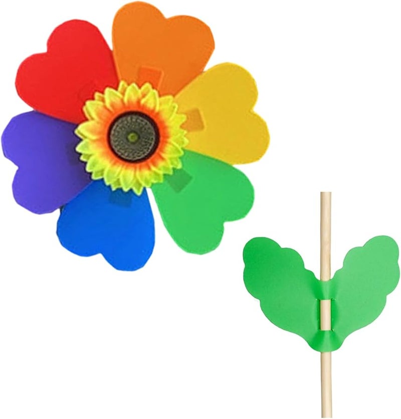 مجموعة ديكور حديقة خارجية نابضة بالحياة من 6 طواحين هواء دوارة على شكل عباد الشمس، مجموعة من 10 قطع مع قضبان خشبية متينة - Image 1