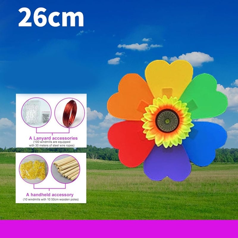مجموعة ديكور حديقة خارجية نابضة بالحياة من 6 طواحين هواء دوارة على شكل عباد الشمس، مجموعة من 10 قطع مع قضبان خشبية متينة - Image 3
