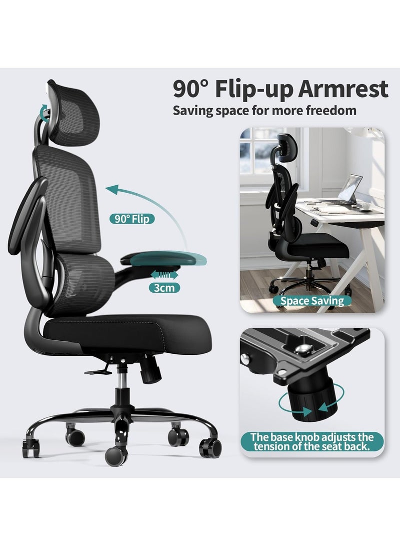 DROGO Premium Ergonomic Office Chair for Work from Home, High Back Computer Chair with Adjustable Seat, Lumbar Support & Headrest, Flip-up Armrest & Recline | Mesh Chair for Office/Home Black  - Image 3