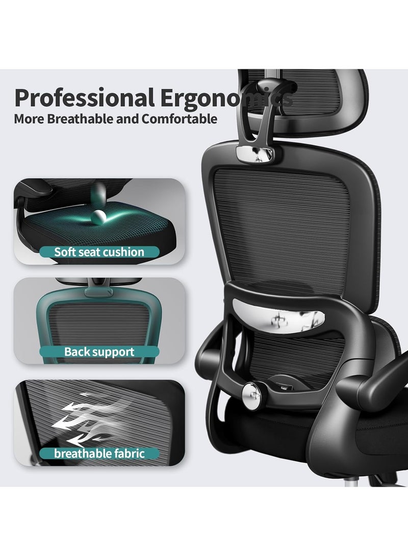 DROGO Premium Ergonomic Office Chair for Work from Home, High Back Computer Chair with Adjustable Seat, Lumbar Support & Headrest, Flip-up Armrest & Recline | Mesh Chair for Office/Home Black  - Image 2