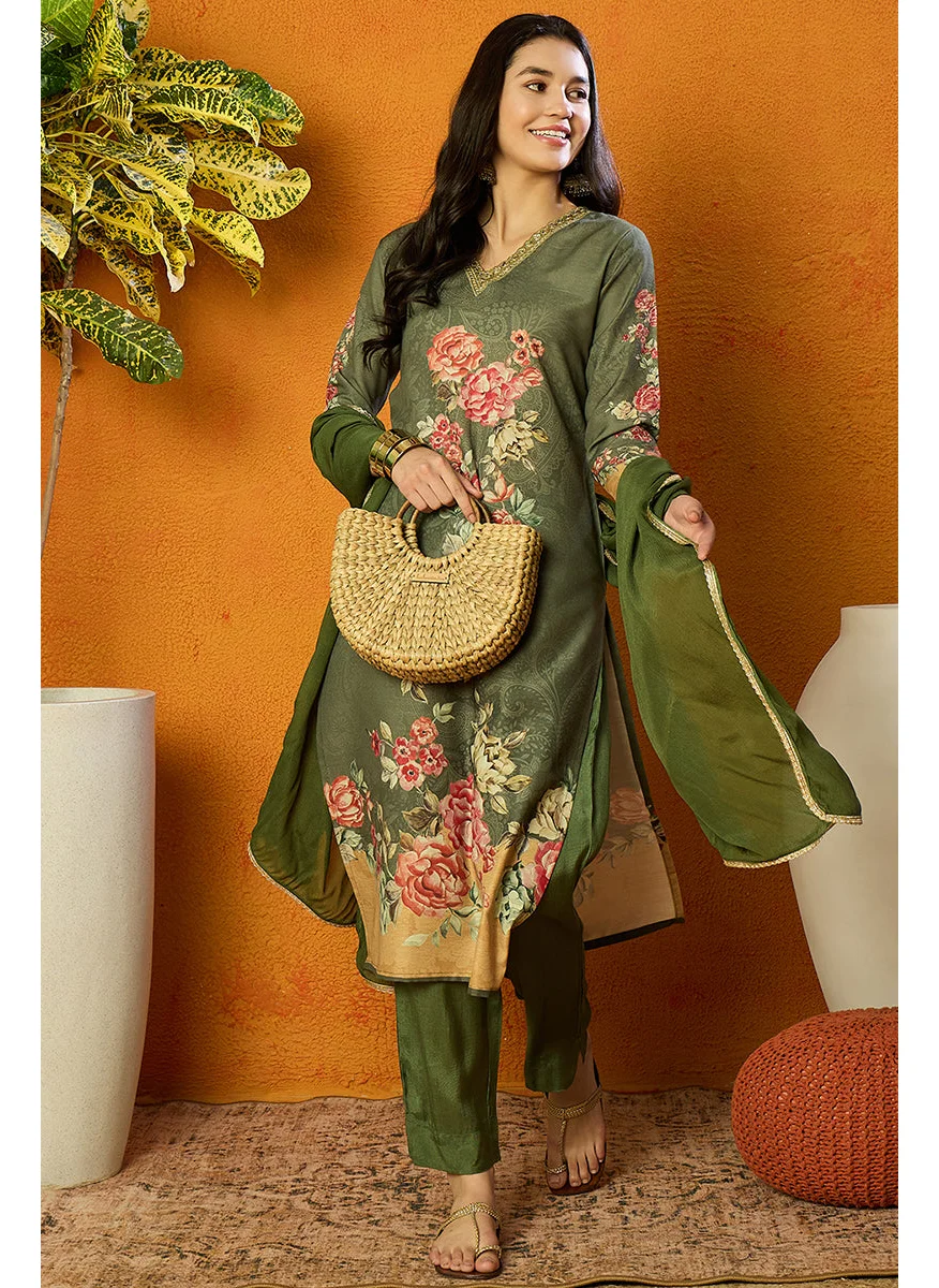ZERESOUQ Olive Rayon Blend Floral Printed Straight Kurta Set