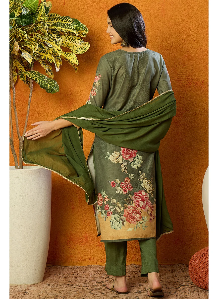 ZERESOUQ Olive Rayon Blend Floral Printed Straight Kurta Set